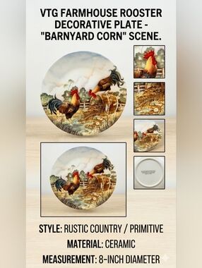 ​VTG Farmhouse Rooster Decorative Collector Plate Primitive Barnyard Corn Scene